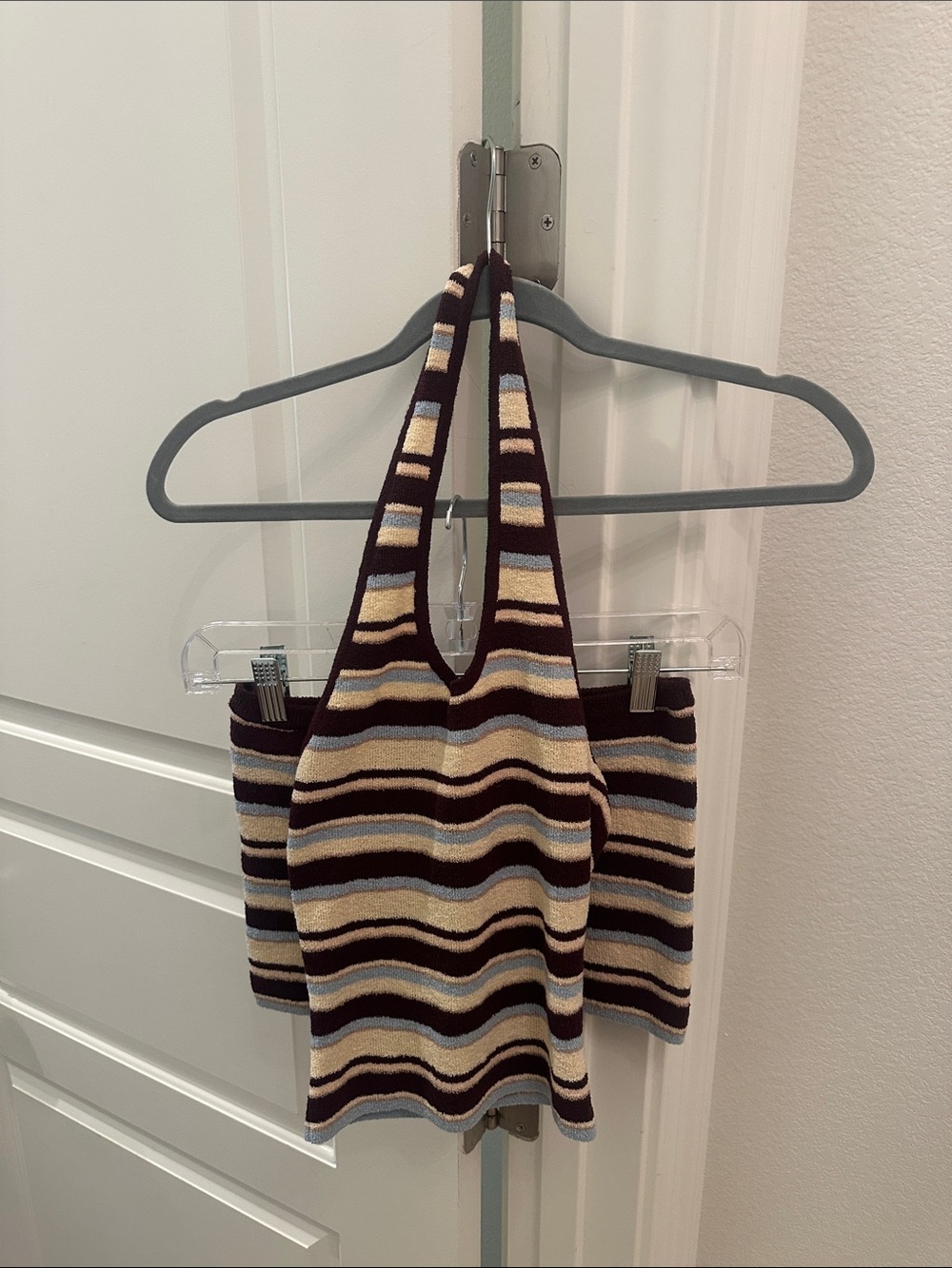 White Fox Boutique Striped Knit Halter Top in Cream, Brown & Light Blue